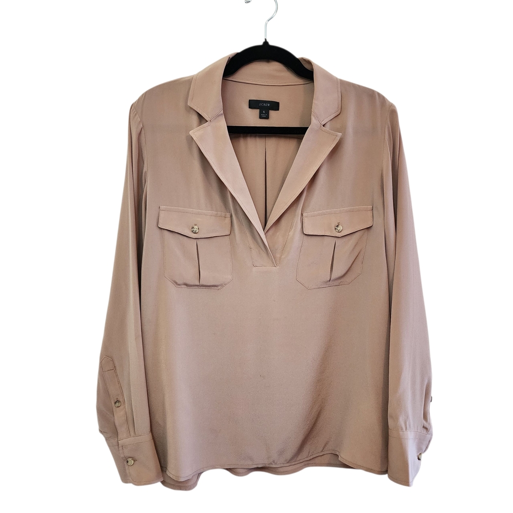 J Crew Tan Silk Patch Pocket Popover Shirt V Neck Collared Size Small Relaxed